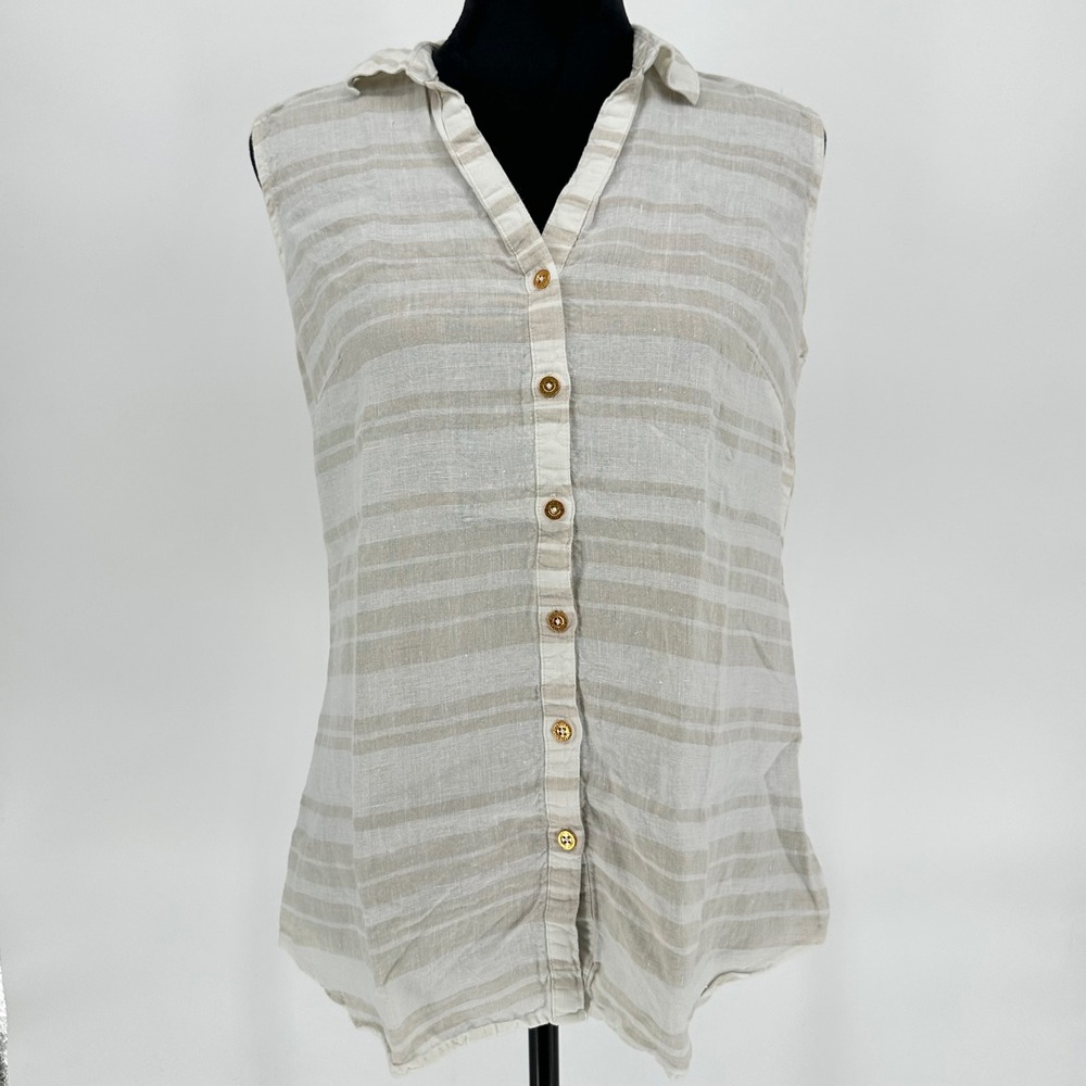 Ellen Tracy Beige Striped 100% Linen Sleeveless Gold‎ Button Up Top Chic Medium